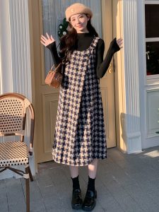 Retro Plaid Woolen Dress Womens Autumn Winter New Small Size Inner Shirt Strap Dress Two-Piece Set U-Neck Loose Waist Long Sleeve Midi Skirt
