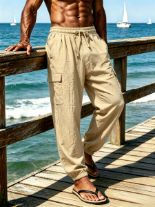 Mens lightweight Drawstring Cargo Pants Breathable Casual Loose Fit Joggers with Multi Pockets for Beach Outdoor Wear