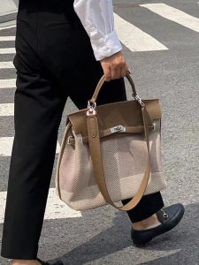 Fancy Retro Birkin Bag Canvas Stitched Cowhide Commuter Bag Large Capacity Wide Shoulder Strap One Shoulder Underarm Handbag