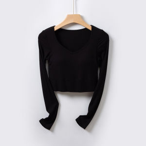 เสื้อโยคะแขนยาวคอวีเล็ก ทรงฟิตเนสสำหรับผู้หญิง ดีไซน์ไม่มีวงแหวน เสื้อผ้ากีฬาแบบสวมหัว ผ้าผสมโพลีเอสเตอร์และไนลอน