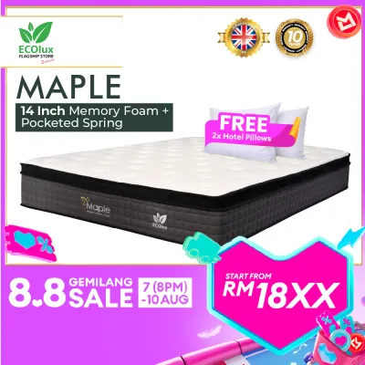 ECOlux - Maple 14 inch Hotel Grade | Pocket Spring Mattress | Memory Foam | Back Support | Medium Soft | Anti- Static