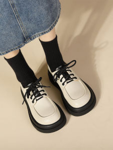 Madasu Womens Flats Thick Sole Lace-Up British Style White Loafers Large Head Genuine Leather Fashionable College Cross Tie