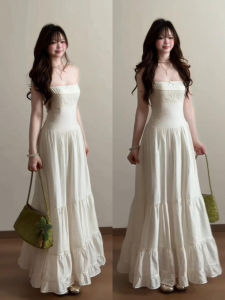 Karrar betsey | Elegant and Youthful White Strap Dress French Gentle Style Waist-Cinching