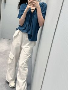 White Ice Mountain FUFU Workwear Pants Spring Summer Loose Fit Elastic Waist Sports Casual Long Trousers with Pockets