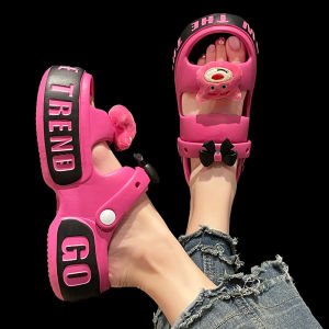 Two-Way Wearable Summer Sandals Womens Flip Flops Thick Heel Heightening Beach Anti-Slip Cute Cartoon Roman Style Shoes