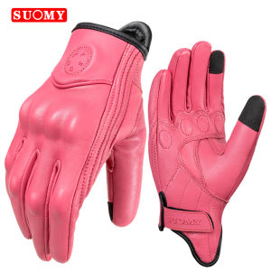 SUOMY Lady Pink Retro Leather Motorcycle Gloves Women Touchscreen Motocross Gloves Hard Shell Protective Motorbike Glove XS-L