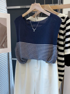 JIANDIYA | Round Neck Striped Tencel Linen Knit Vest Thin Sleeveless Shirt