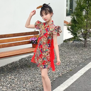 Đầm váy công chúa sườn xám hanfu hoa cát tường cho bé gái diện lễ tết đón xuân năm mới đẹp size 100-160 hàng Quảng Châu