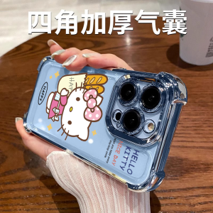 Hello Kitty Four-Corner Airbag Drop-Resistant for Apple 15promax Phone Case Iphone14plus Soft Cover 16 Electroplated 13pm Text Chinese Style 12 Silicone All-Inclusive 11pro Female Xs XR Set