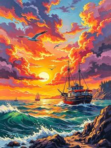 HUACAN Diamond Mosaic Sea Landscape Resin Square Drill Diamond Painting Sailboat Sunset Handmade Full Drill Art Crafts
