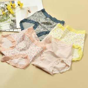 Country Style Cherry Season ผู้หญิง Pure ผ้าฝ้าย ชุดชั้นในสามเหลี่ยมบาง ยืดได้ ผ้าฝ้าย ลูกไม้ Trim Mid-high เอว กางเกงใน