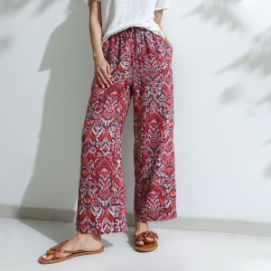 Miccbeirn | Pure Hanflax Retro Print Casual Pants Elastic Waist High Artistic Cool Breathable Straight Leg Wide Leg Trousers