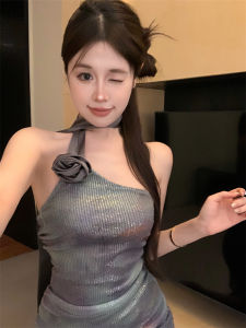 GUZILIAN | ชุดเดรสคอวีสีอ่อนประดับเลื่อมสำหรับผู้หญิงในช่วงฤดูร้อน ชุดกระโปรงสั้นเซ็กซี่ ชุดกระโปรงสั้นทรงเข้ารูป ชุดเดรสแขนกุด