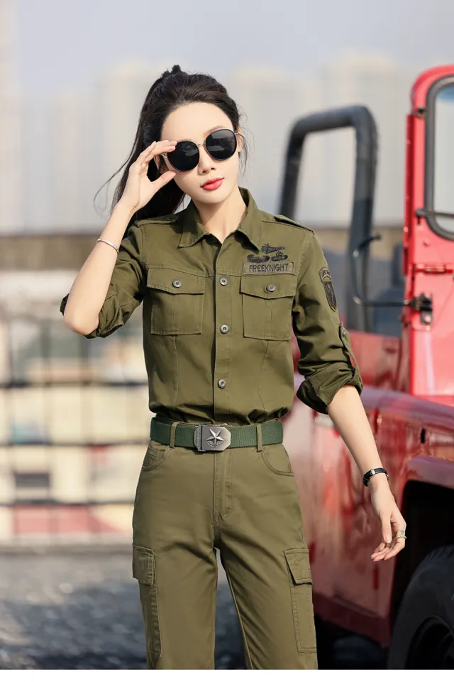 Spring and autumn workwear for women, camouflage clothing, long-sleeved T- shirts, loose slimming tops, short jackets, casual military green jackets