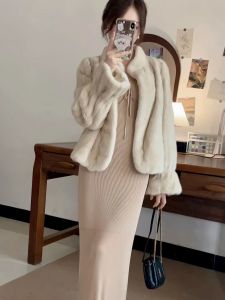 Classic Short Fur Coat Womens Fashionable Stand Collar All Drawn Fluffy Elegant Princess Style Long Sleeve Autumn Winter Coat