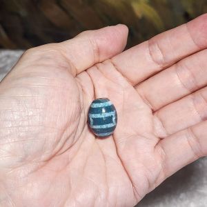 19.5mm Aged Tibetan Xang Xung (Zhang Zhung) Heaven & Earth Da Luo Dzi pendant blue hue red spots (with certificate) 藏传老矿象雄通体蓝沁微透细朱砂天地达洛天珠(带证书)