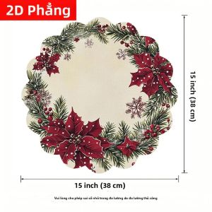 VIKAMA Giáng Sinh Poinsettia Pinecone Wreath Linen Placemat Với Viền Hình Vỏ Sò Hoa Đỏ Thường Xanh Holly Berry Xmas Table Mat Cho Phòng Ăn Nhà Bếp