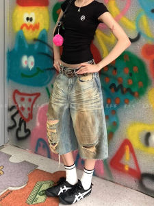 Retro American Washed Mud Stained Denim Jeans Womens New Design Sense Cat Hole Seven-Quarter Length High Waist Jeans