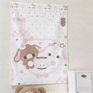 Sanrio | Kawaii Pink Bunny Tapestry Sweet Dessert Rabbit Wall Hanging Pastel Polka Dot Background Cloth for Bedroom Dorm