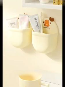 กล่องเก็บการ์ตูนติดผนังแบบไม่เจาะรูสามารถระบายห้องน้ำแปรงสีฟันยาสีฟันหวีถังเก็บ