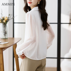 AMMIN เสื้อเชิ้ตผ้าชีฟองคอวีสำหรับผู้หญิงเสื้อเบลาส์แขนยาวเสื้อเบลาส์แต่งจีบสไตล์เกาหลีสำหรับฤดูใบไม้ร่วงและ2023