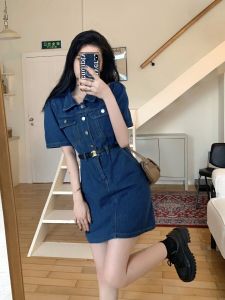 สั้น ผู้หญิง คอโปโล เดนิม เดรส ทรงเอ มินิ กระโปรง สูง เอว ขนาด XXS ฤดูร้อน เพศหญิง สไตล์เกาหลี เดรสรัดรูป สั้น เดรส