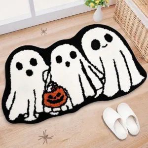 VIKAMA Minimalist Line Ghost Cat Pumpkin Shaped Plush Rug Spooky Holiday Anti Slip Washroom Decorative Mat Home Decor