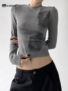 Áo Thun Nữ Dáng Ôm in Hình Kỹ Thuật Số Phong Cách Mỹ Mới Thu 2025 Áo Thun Cotton Co Giãn Dài Tay Cổ Tròn Thường Ngày