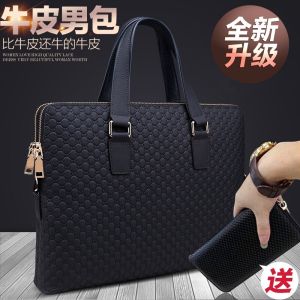 Fashion Mens Bag Minimalist Leather Briefcase 14-Inch Computer Bag First Layer Cowhide Men Business Handbag Hair-Styling