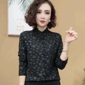 เสื้อยืดผู้หญิงแขนยาวหนาแฟชั่นฤดูใบไม้ร่วง/ฤดูหนาว ทรงเข้ารูป ปกติ คอตั้ง เสื้อผ้าทำงานสไตล์เกาหลี ผ้าโพลีเอสเตอร์