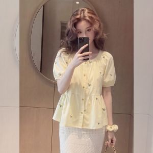 YIKEMAI | French Country Style Embroidered Slimming Bubble Sleeve Shirt Large Size