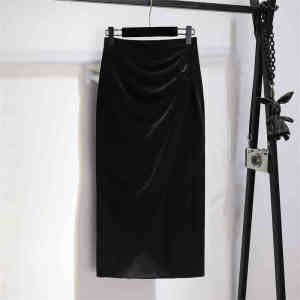 Gold Velvet Skirt Womens Mid-Length Autumn and Winter Slim Looking High Waist Asymmetrical Pleated Split A- line Sheath One-Step Skirt