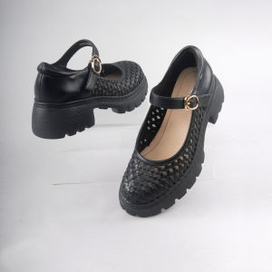 Soft Bottom Mary Jane Shoes Casual Breathable Thick Heel Sandals Womens Fashion Single Shoes Leather Woven Hollow out