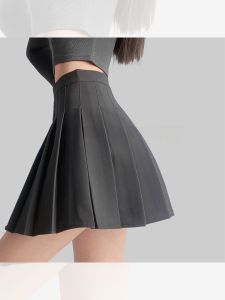 Summer Spring Tea Grey Pleated High Waist A-Line Mini Skirt Business Style Short Skirt Polyester Fiber Commuter Style Pure Color