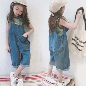 Twin-Sided Wearable Korean Style Wide Leg Jeans Overalls for Girls Childrens Clothing Summer New Arrival Pure Color Denim