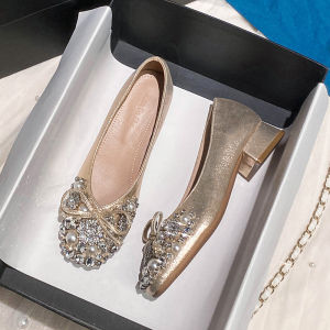 Elegant French Style Crystal Slip-On Shoes Womens mid Heel Fashionable Large Size Casual Footwear for Young Adults