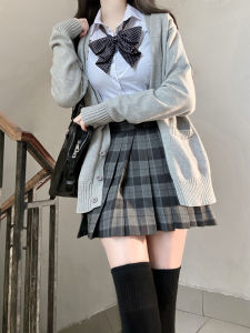 Dog Short 36cm Qiannai Plaid Skirt JK Uniform Japanese Style for Schools Light Gray Cardigan Sweater High Waist Skirt Suit Fall and Winter