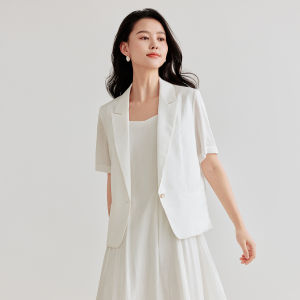 INMAN Summer New Womens Short Sleeve Silk Linen Blazer Jacket Top Loose Fit Commute Style Pure Color Button Pocket Detail