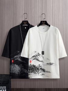 ROMON | Áo thun cotton tay ngắn mùa hè mỏng in họa tiết cổ tròn thường ngày cho nam phong cách Trung Hoa Ice Silk T-shirt áo thun cotton thoáng khí