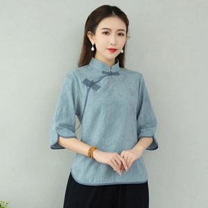 เสื้อเชิ้ตคอตั้งแขนยาวผ้าฝ้ายลินินสไตล์ชาติพันธุ์สำหรับผู้หญิง ฤดูใบไม้ผลิและฤดูร้อน ใหม่ กระดุมสไตล์จีน ชุดชา แฟชั่น