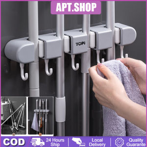 Kait Penyimpanan Tanpa Pukulan Di Rak Dapur Kamar Mandi Snap-On Tempat Penjepit Gantungan Sapu Dan Pel Mop Broom Holder 4 Slot