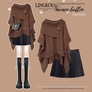 NUMEN BUTTON | Slimming Concealing Knitted Sweater Pleated Skirt Set for Plus Size Women Coffee Color 2-Piece Set