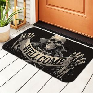 VIKAMA Halloween Skull Welcome Door Mat Non-Slip Stain-Resistant Kitchen Rug Indoor and Outdoor Entry Carpet Home Decor