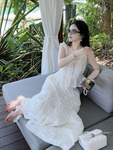 Summer White Strap Halter Skirt Set Womens Fashionable Anti-Aging Two-Piece Suit Vacation Style Polyester Fabric