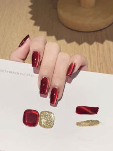 New Years Advanced Handmade Wedding Nail Tips Red Ruby Cat Eye Gemstone Wearable Nails White Gradient Design Reusable Beauty Tools