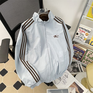American Sporty Three-Stripes Stand Collar Jacket Mens Loose Fit High Street Double-Sided Wear Autumn Spring Trendy Coat