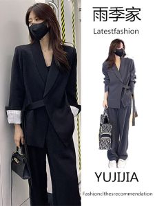 Bộ Đồ Thời Trang Thon Gọn Cỡ Lớn Nữ Sớm Mùa Thu Mới Thiết Kế Có Dây Thắt Lưng Áo Vest Ống Rộng Quần Hai Bộ Tay Áo Dài Cổ Polo