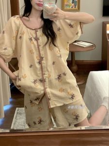 Bộ Đồ Ngủ Tay Ngắn Mùa Hè Phong Cách Hàn Quốc Ngọt Ngào Cho Nữ Bộ Đồ Mặc Nhà Rộng Rãi Họa Tiết Hoa Quần Short Vải Cotton Polyester