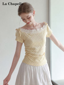 La Chapelle | Dot Print Off-Shoulder Lace Trim Short Sleeve T-Shirt