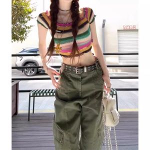 YUEZHONGWEI | Rainbow Stripe Crop Knitted T-Shirt Short Design Fitting Top